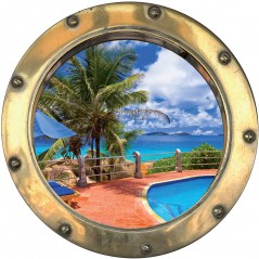 Sticker hublot trompe l'oeil Palmiers piscine