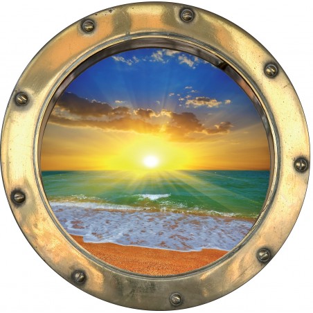 Sticker hublot trompe l'oeil Couché de soleil