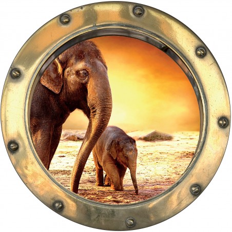 Sticker hublot trompe l'oeil Eléphants