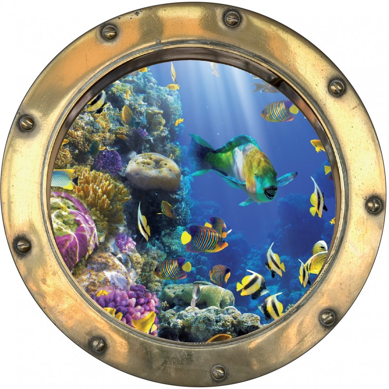 Sticker hublot trompe l'oeil Poissons tropicaux