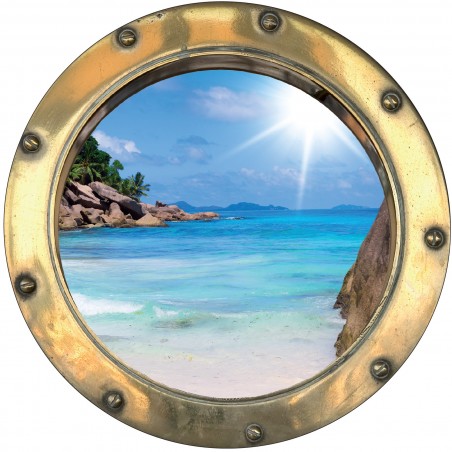 Sticker hublot trompe L'oeil plage et sable fin