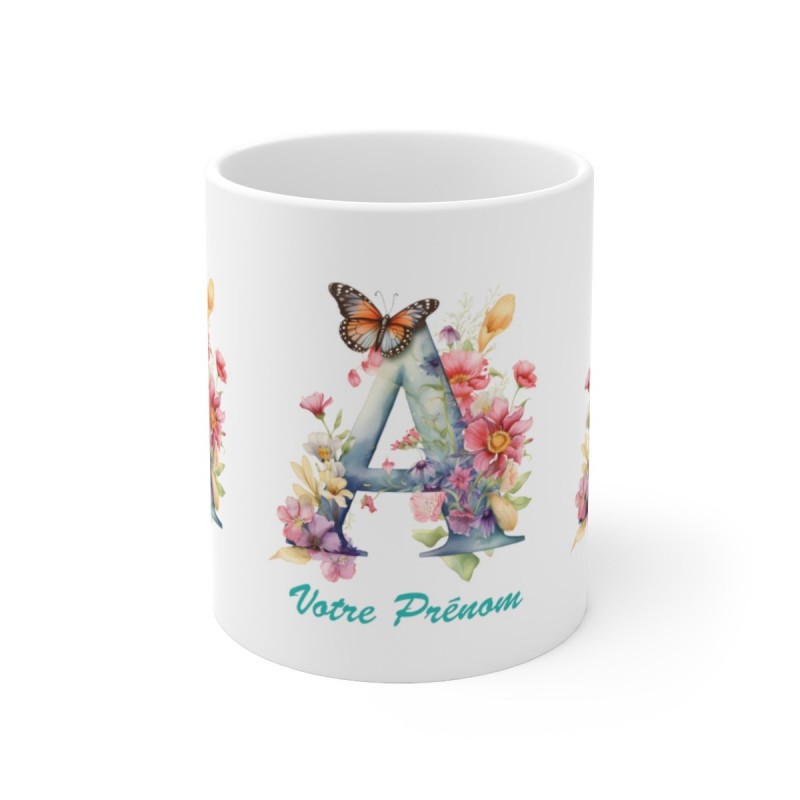 Mug personnalisé alphabet lettre A avec ou sans prénom imprimé sur 3 faces