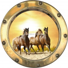 Sticker hublot trompe l'oeil Chevaux