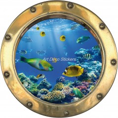 Sticker hublot trompe l'oeil déco Poissons tropicaux