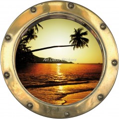 Sticker hublot trompe l'oeil déco Couché de soleil