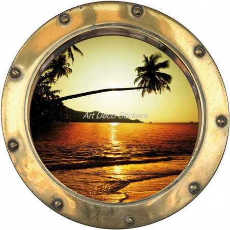 Sticker hublot trompe l'oeil déco Couché de soleil